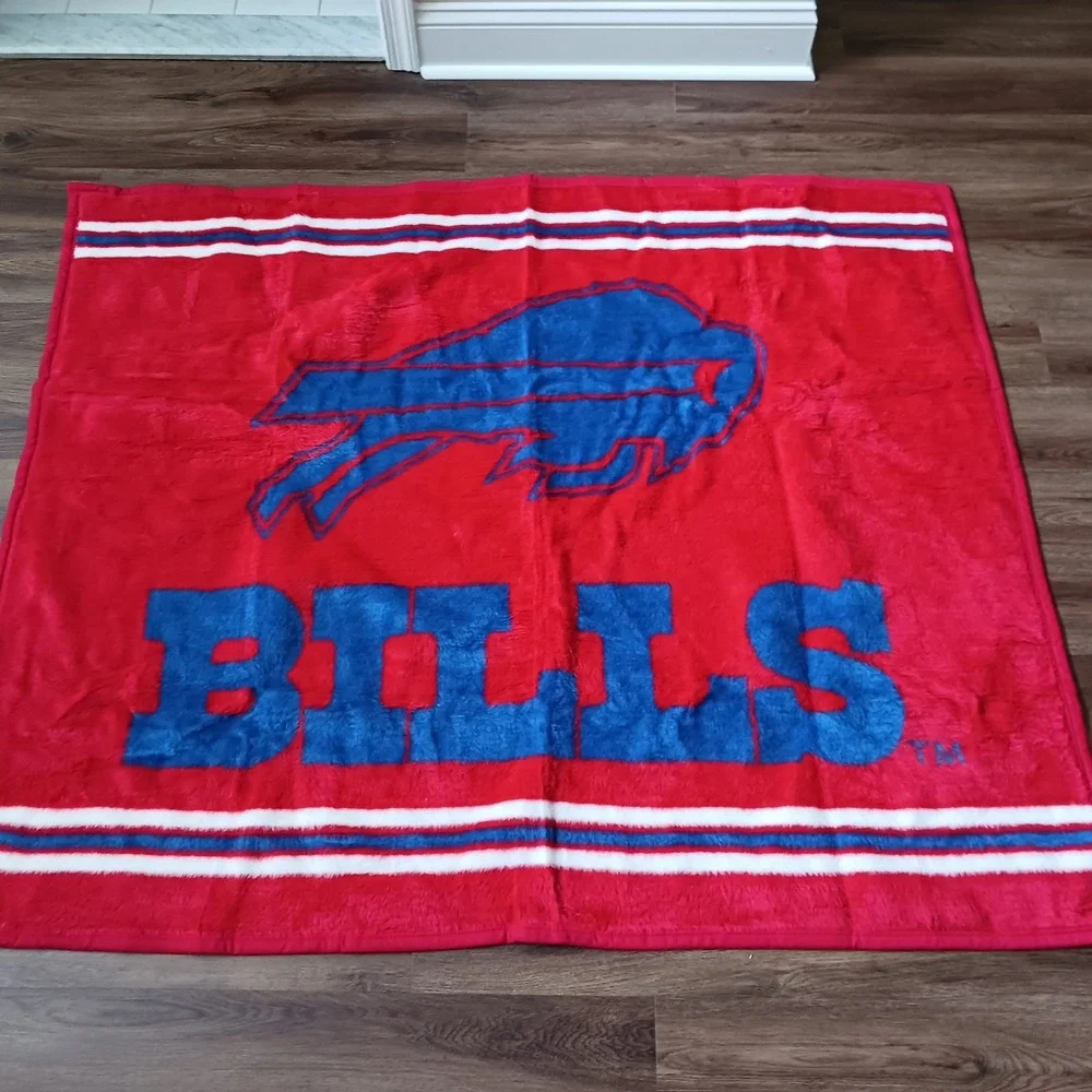 Vtg Biederlack Buffalo Bills Plush Throw Blanket Red Blue NFL Football 59 x 48